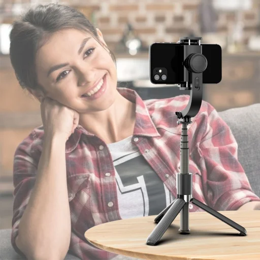 Selfie bot és teleszkópos tripod állvány bluetooth kioldós gimbalal fekete - 25