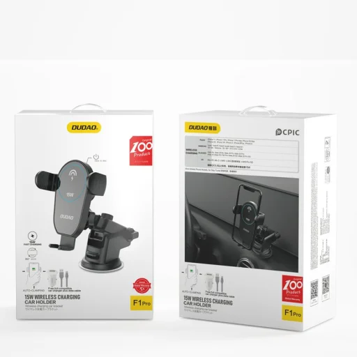 Dudao Univerzális Gravity autós telefontartó vezeték nélküli Qi töltéssel 15 W fekete + Type-C kábel + R4 szivargyújtós töltő (F1Pro) - 5