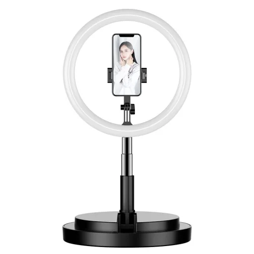 LED selfie  29 cm átmérőjű körfény 52-170 cm, telefontartóval fekete - 3