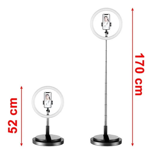 LED selfie  29 cm átmérőjű körfény 52-170 cm, telefontartóval fekete - 27