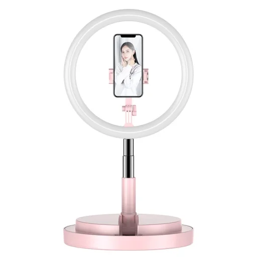 LED selfie 29 cm átmérőjű körfény 52-170 cm, telefontartóval pink - 1