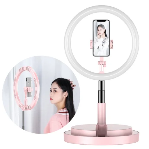 LED selfie 29 cm átmérőjű körfény 52-170 cm, telefontartóval pink - 2