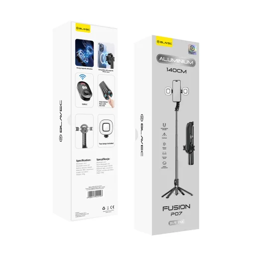 Blavec Selfie Bot Aluminium Fusion P07 Magsafe állvány + távirányító + 2 lámpa 1,4 méter (SSFP07-MTR2LB14) fekete - 1