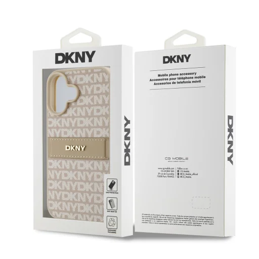  iPhone 16 Plus rózsaszín DKNY PU bőr, ismétlődő mintás, tónusos csíkos tok - 6
