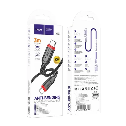 HOCO Type-C kábel Type C to Type C 3A 60W X59 3 m fekete - 2