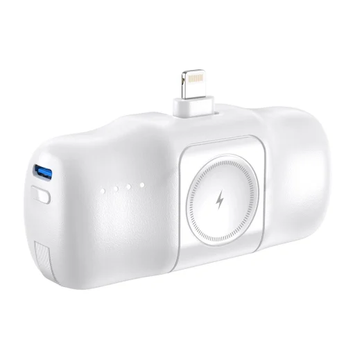 Wozinsky WF16-YLS 5000mAh 15W Lightning Mini Power Bank beépített USB-C kábellel és Apple Watch töltővel - Fehér - 3