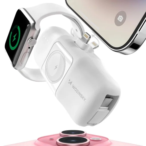 Wozinsky WF16-YLS 5000mAh 15W Lightning Mini Power Bank beépített USB-C kábellel és Apple Watch töltővel - Fehér - 5
