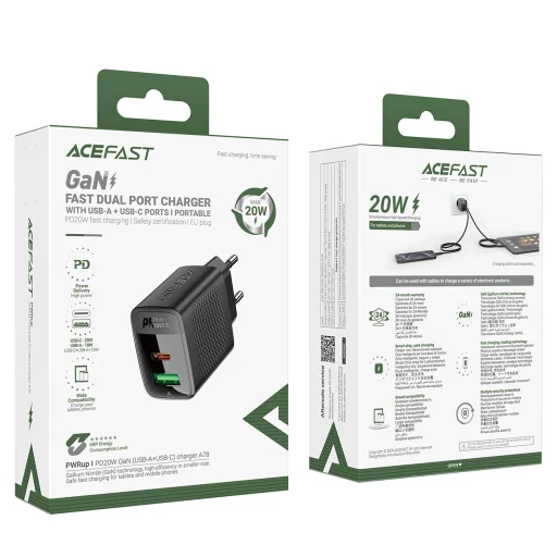 Acefast A78 hálózati GaN USB-A / USB-C PD 20W - Fekete Töltő - 5