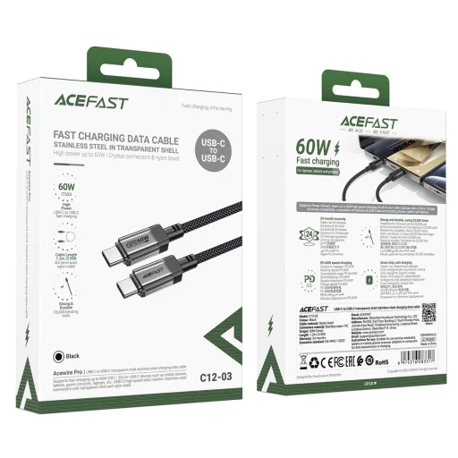 Acefast C12 USB-C / USB-C PD kábel 60W 480Mb/s, nejlon fonattal - fekete - 7