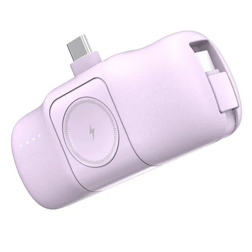 Wozinsky WF16-YCS 5000mAh 15W USB-C Mini Power Bank beépített USB-C kábellel és Apple Watch töltővel - Lila - 2