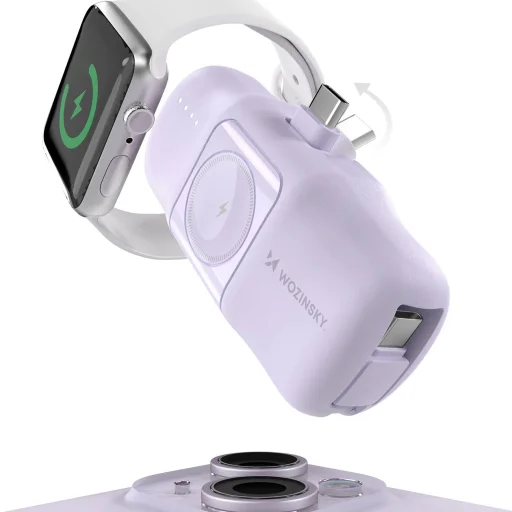 Wozinsky WF16-YCS 5000mAh 15W USB-C Mini Power Bank beépített USB-C kábellel és Apple Watch töltővel - Lila - 3