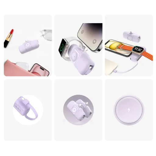 Wozinsky WF16-YCS 5000mAh 15W USB-C Mini Power Bank beépített USB-C kábellel és Apple Watch töltővel - Lila - 10