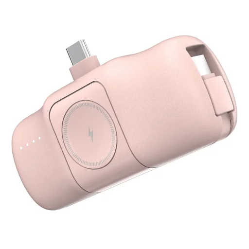 Wozinsky WF16-YCS 5000mAh 15W USB-C Mini Power Bank beépített USB-C kábellel és Apple Watch töltővel - Rózsaszín - 2