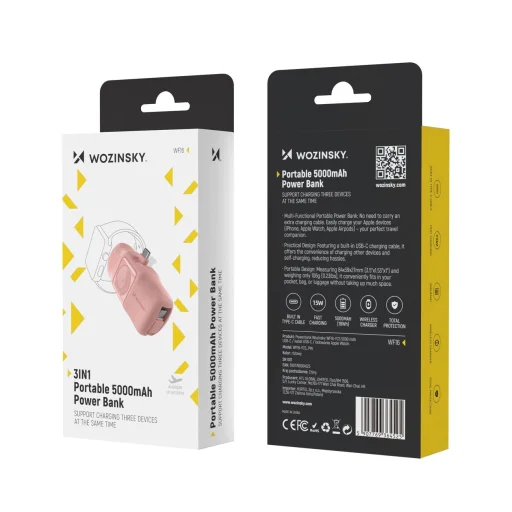 Wozinsky WF16-YCS 5000mAh 15W USB-C Mini Power Bank beépített USB-C kábellel és Apple Watch töltővel - Rózsaszín - 5