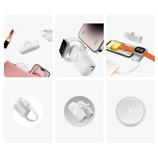 Wozinsky WF16-YCS 5000mAh 15W USB-C mini powerbank beépített USB-C kábellel és Apple Watch töltővel - Fehér - 12