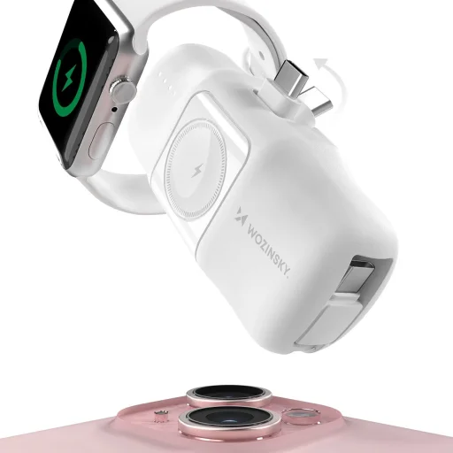 Wozinsky WF16-YCS 5000mAh 15W USB-C mini powerbank beépített USB-C kábellel és Apple Watch töltővel - Fehér - 4