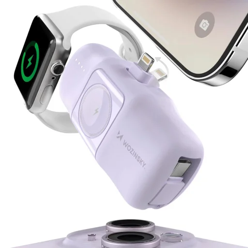 Wozinsky WF16-YLS 5000mAh 15W Lightning Mini Power Bank beépített USB-C kábellel és Apple Watch töltővel - Lila - 3