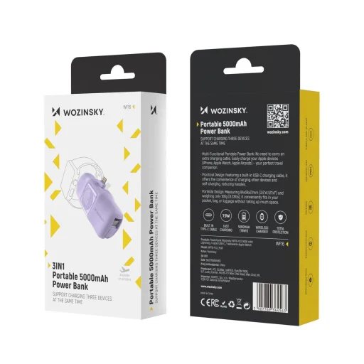 Wozinsky WF16-YLS 5000mAh 15W Lightning Mini Power Bank beépített USB-C kábellel és Apple Watch töltővel - Lila - 5