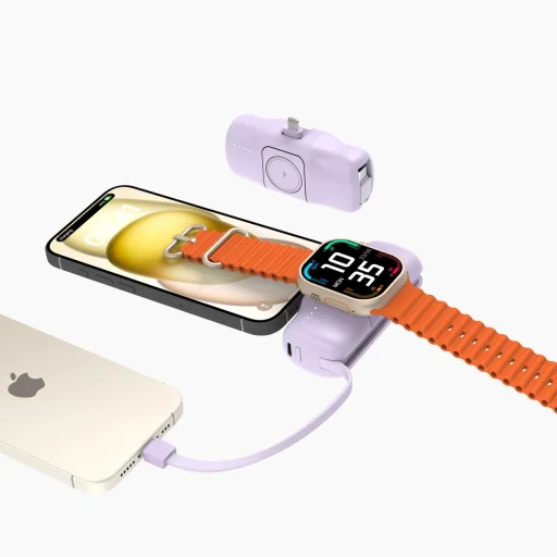 Wozinsky WF16-YLS 5000mAh 15W Lightning Mini Power Bank beépített USB-C kábellel és Apple Watch töltővel - Lila - 6