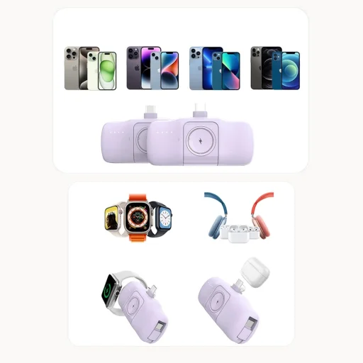 Wozinsky WF16-YCS 5000mAh 15W USB-C Mini Power Bank beépített USB-C kábellel és Apple Watch töltővel - Lila - 6