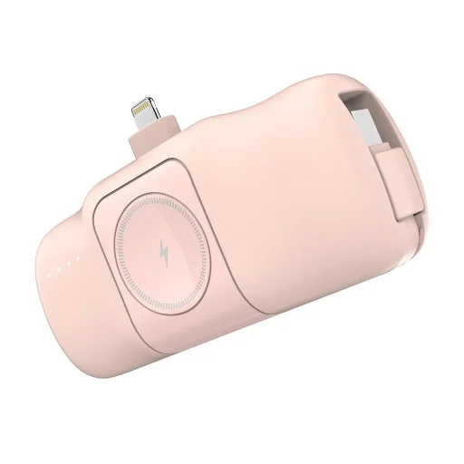 Wozinsky WF16-YLS 5000mAh 15W Lightning Mini Power Bank beépített USB-C kábellel és Apple Watch töltővel - Rózsaszín - 2