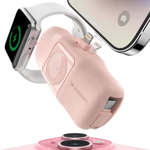 Wozinsky WF16-YLS 5000mAh 15W Lightning Mini Power Bank beépített USB-C kábellel és Apple Watch töltővel - Rózsaszín - 3
