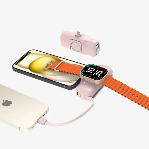 Wozinsky WF16-YLS 5000mAh 15W Lightning Mini Power Bank beépített USB-C kábellel és Apple Watch töltővel - Rózsaszín - 7