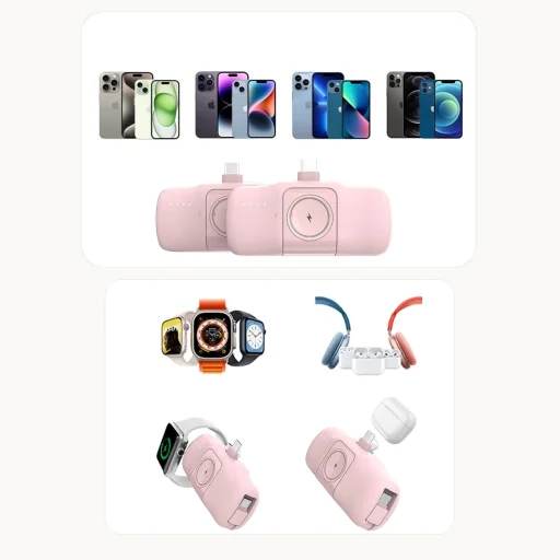 Wozinsky WF16-YCS 5000mAh 15W USB-C Mini Power Bank beépített USB-C kábellel és Apple Watch töltővel - Rózsaszín - 9