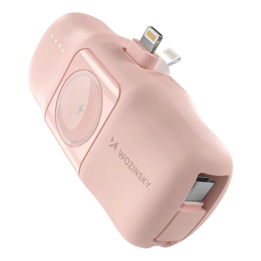 Wozinsky WF16-YLS 5000mAh 15W Lightning Mini Power Bank beépített USB-C kábellel és Apple Watch töltővel - Rózsaszín - 1