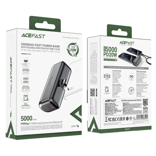 Acefast M9 5000mAh USB-C (male) / USB-C (female) PD 20W - fekete - 6