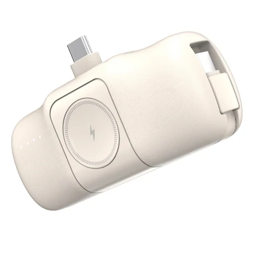 Wozinsky WF16-YCS 5000mAh 15W USB-C Mini Powerbank beépített USB-C kábellel és Apple Watch töltővel - Bézs - 2