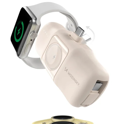 Wozinsky WF16-YCS 5000mAh 15W USB-C Mini Powerbank beépített USB-C kábellel és Apple Watch töltővel - Bézs - 3