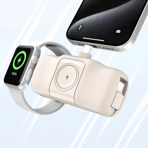 Wozinsky WF16-YCS 5000mAh 15W USB-C Mini Powerbank beépített USB-C kábellel és Apple Watch töltővel - Bézs - 7