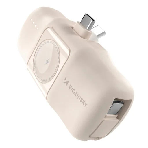 Wozinsky WF16-YCS 5000mAh 15W USB-C Mini Powerbank beépített USB-C kábellel és Apple Watch töltővel - Bézs - 1