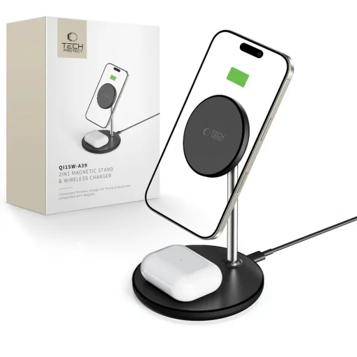 Tech-protect Qi15w-a39 2in1 Mágneses Magsafe Vezeték Nélküli Töltő Fekete - 1