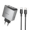 Borofone hálózati USB-C, Type-C töltő BN22 Lena GaN - 2xType C + USB - QC 3.0 PD 65W, Type C-ről Type C-re kábellel, szürke thumbnail