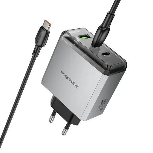 Borofone hálózati USB-C, Type-C töltő BN22 Lena GaN - 2xType C + USB - QC 3.0 PD 65W, Type C-ről Type C-re kábellel, szürke - 2