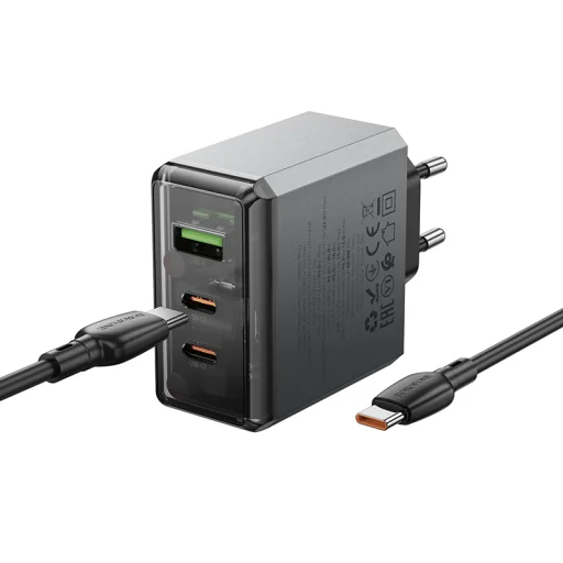 Borofone hálózati USB-C, Type-C töltő BN22 Lena GaN - 2xType C + USB - QC 3.0 PD 65W, Type C-ről Type C-re kábellel, szürke - 3