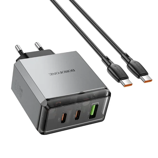 Borofone hálózati USB-C, Type-C töltő BN22 Lena GaN - 2xType C + USB - QC 3.0 PD 65W, Type C-ről Type C-re kábellel, szürke - 4