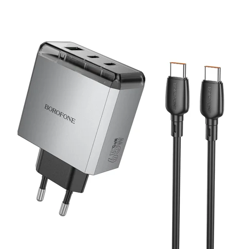 Borofone hálózati USB-C, Type-C töltő BN22 Lena GaN - 2xType C + USB - QC 3.0 PD 65W, Type C-ről Type C-re kábellel, szürke - 1