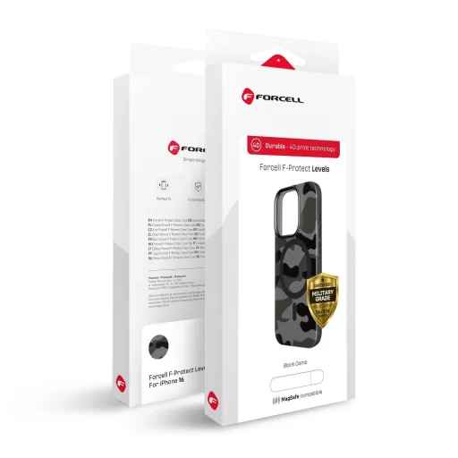 FORCELL F-PROTECT Levels kettős rétegű 4D technológiával, katonai zuhanásteszt kompatibilis MagSafe támogatással, IPHONE 16 PLUS fekete terepmintás tok - 5
