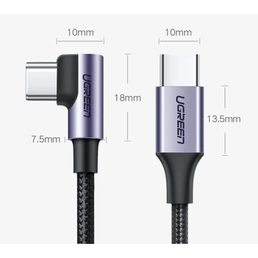 Ugreen US255 50123 USB-C (egyenes) / USB-C (szögletes) PD QC kábel 60W 3A 1m - szürke - 16