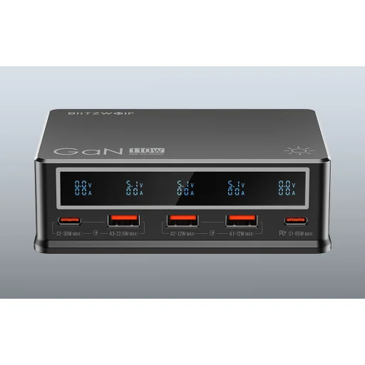 Asztali töltő Blitzwolf BW-i9 110W PD 3xUSB-A, 2xUSB-C (fekete) - 3