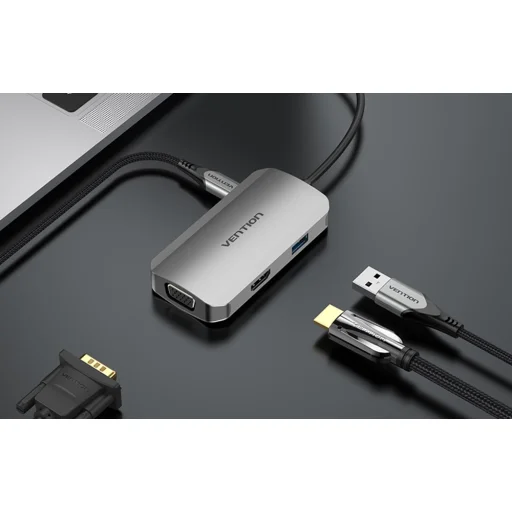 USB-C Dokkolóállomás HDMI, VGA, USB 3.0, PD 0.15m Vention TOAHB, szürke - 2