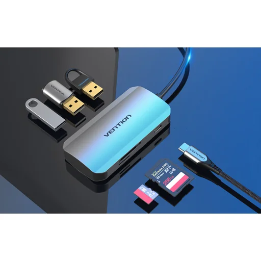 USB-C 3x USB3.0 Dokkolóállomás, SD, TF, PD 0,15m Vention TNHHB, szürke - 3