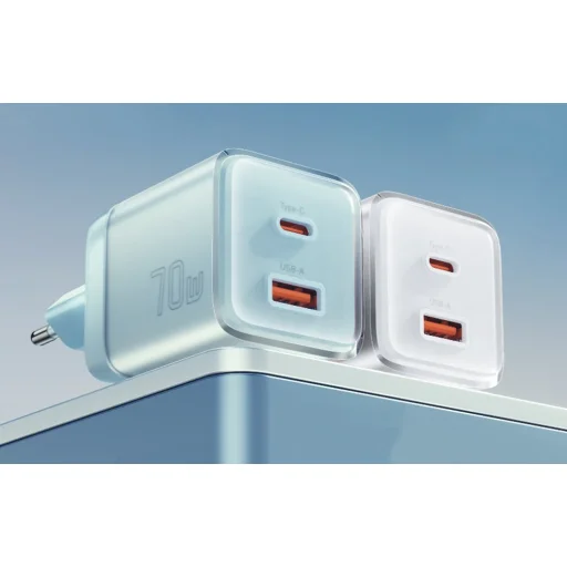Yueqi 70W GaN USB-C + USB-A hálózati töltő (kék), - 3