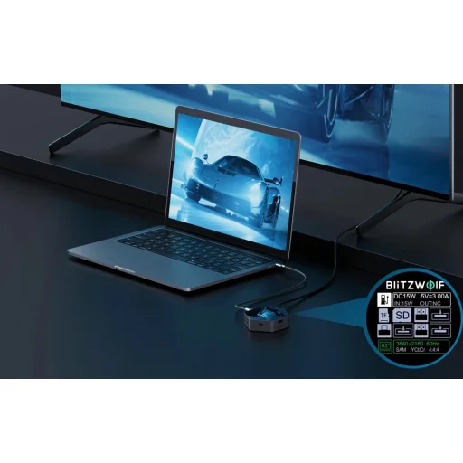 Blitzwolf BW-TH16 8 az 1-ben USB-C dokkolóállomás 100W LCD intelligens kijelző - 5