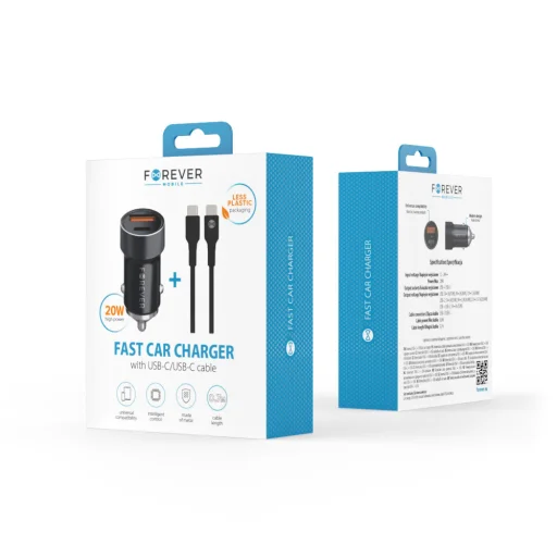 Forever CC-06 PD QC autós töltő 1x USB-C 1x USB 20W fekete + USB-C - USB-C kábel 60W - 9