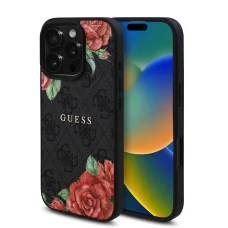  iPhone 16 Pro fekete Guess PU Leather 4G Roses MagSafe tok