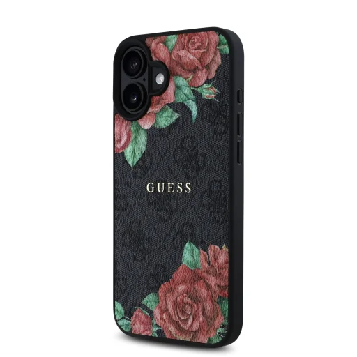  iPhone 16 fekete Guess PU Leather 4G Roses MagSafe tok - 2
